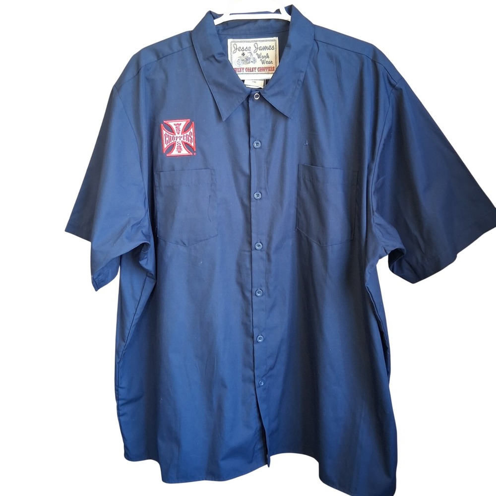 West Coast Choppers Jesse James Workwear SS Navy Work Shirt 2XL Embroidered EUC